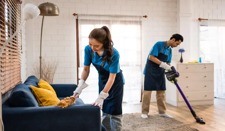 Asian young man and woman cleaning service worker work in living room