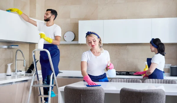 Cleaning service team at work in kitchen in private home
