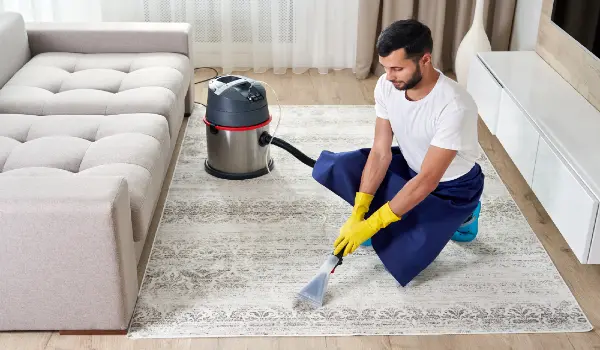 Man cleaning carpet in the living room using vacuum cleaner at home