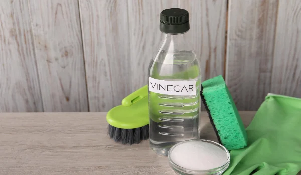 Natural cleaning products vinegar in bottle baking soda glove sponge and brush on light wooden table