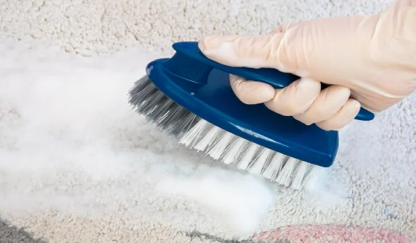 Blue brush on the carpet floor with hand cleaning
