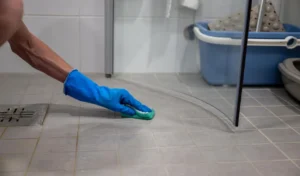 Hand in blue gloves cleaning tile floor with sponge tile floor was partially washed