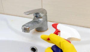 Hand in yellow rubber gloves holding a spray liquid cleaning agent for washing dirty faucet with limescale in bathroom, house cleaning concept