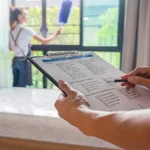 Midsection of man holding checklist while woman cleaning window