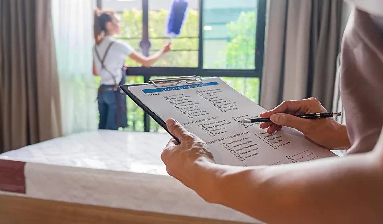Midsection of man holding checklist while woman cleaning window