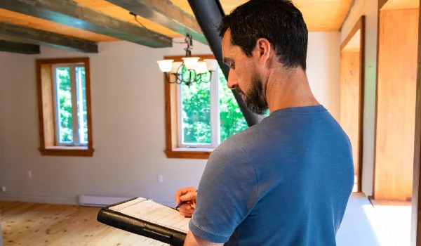 Side view of man using pen and a paper