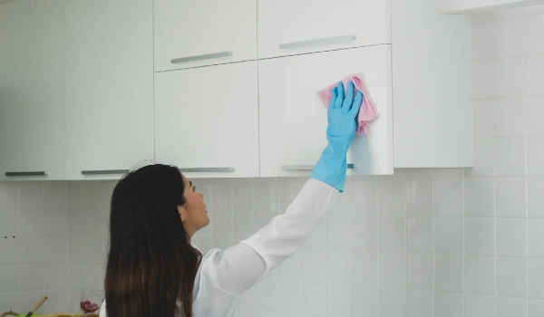 Young woman cleaning cabinet at home
