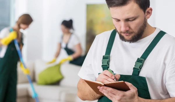 A man in a green apron writes on a notebook with a woman in the background
