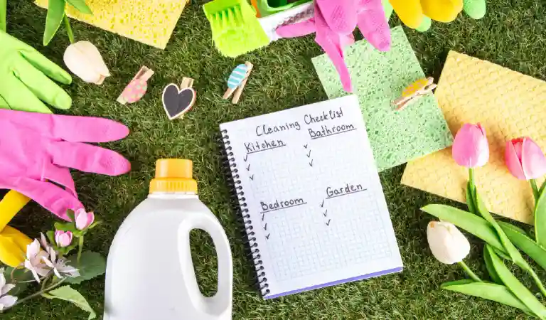 cleaning checklist with spring background