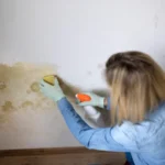 A woman with mouth nose mask cleans mould from dirty apartment wall person