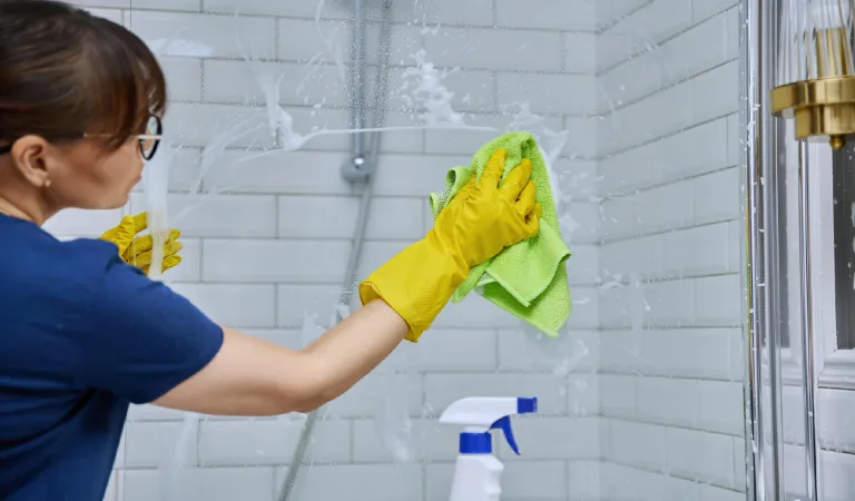 Woman cleaning bathroom washing glass in shower