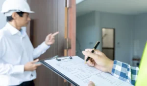 Inspector engineer and owner inspecting quality assurance of house