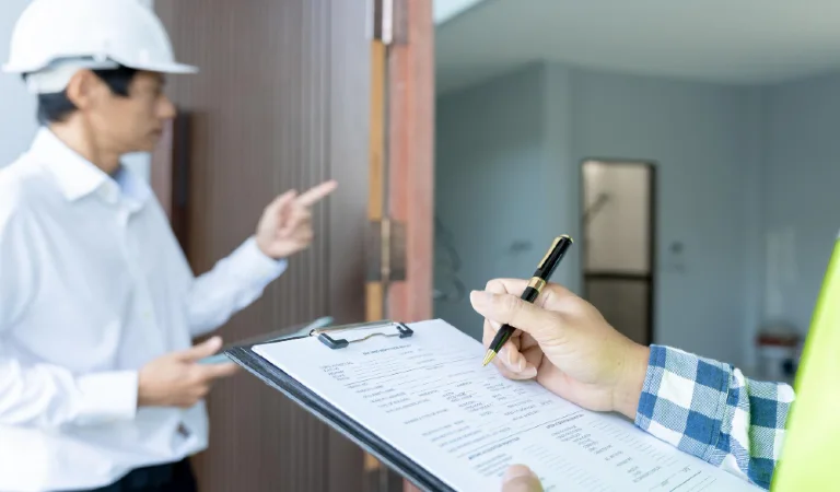Inspector engineer and owner inspecting quality assurance of house