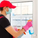 Professional cleaning the glass door