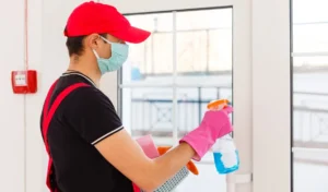Professional cleaning the glass door