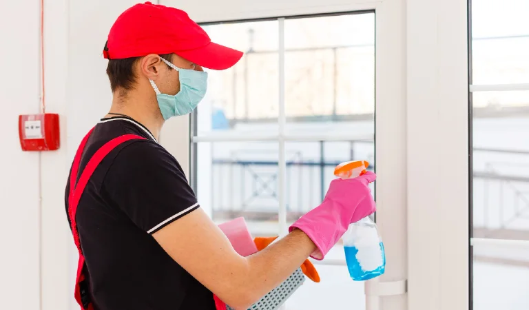 Professional cleaning the glass door